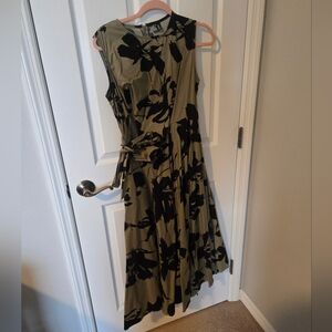Sleeveless Olive Green Floral Korean One size Midi Dress with Black Print